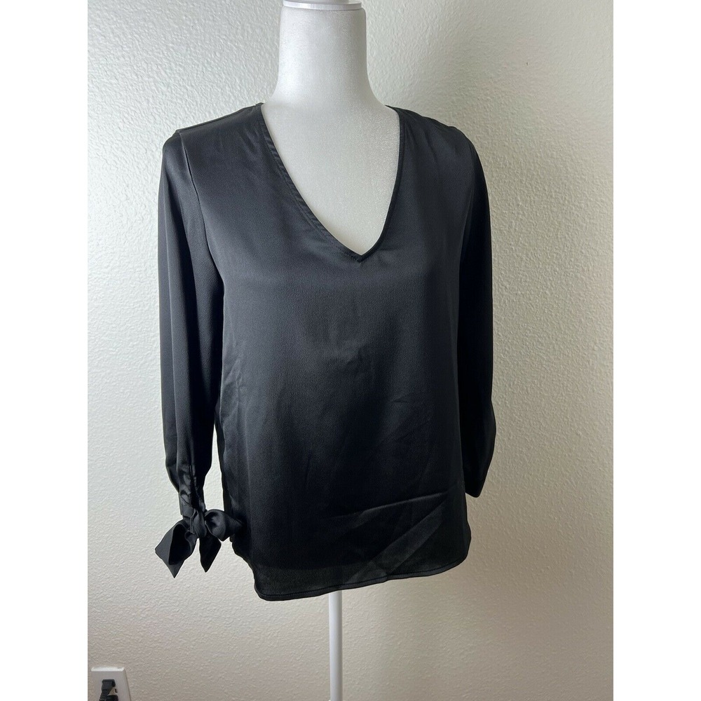 Cece Womens Satin Top Size S Black V Neck Tie Cuff Long Sleeve Blouse NWT